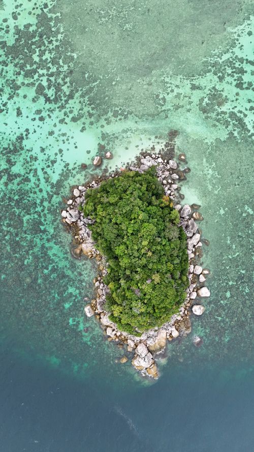 Free Scenic aerial shot of a lush green island surrounded by vibrant turquoise sea, showcasing natural beauty. Stock Photo