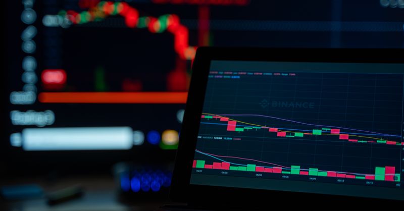 Abstract editorial data-visualization illustration in crimson, downward-flowing tones representing BNB and the broader cryptocurrency market — crypto scenario analysis.