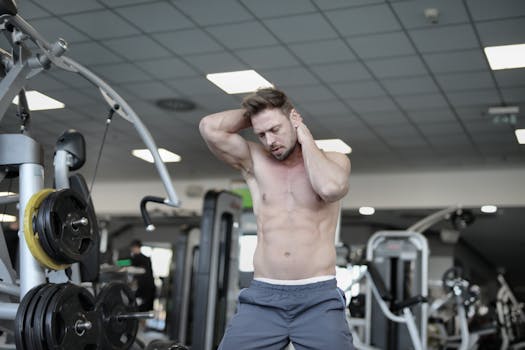 Shirtless man with muscular physique stretching in a modern gym environment, showcasing fitness and concentration.