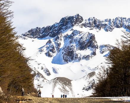 Travelers hiking through snow-covered mountains in Ushuaia, Argentina, showcasing stunning natural landscapes.