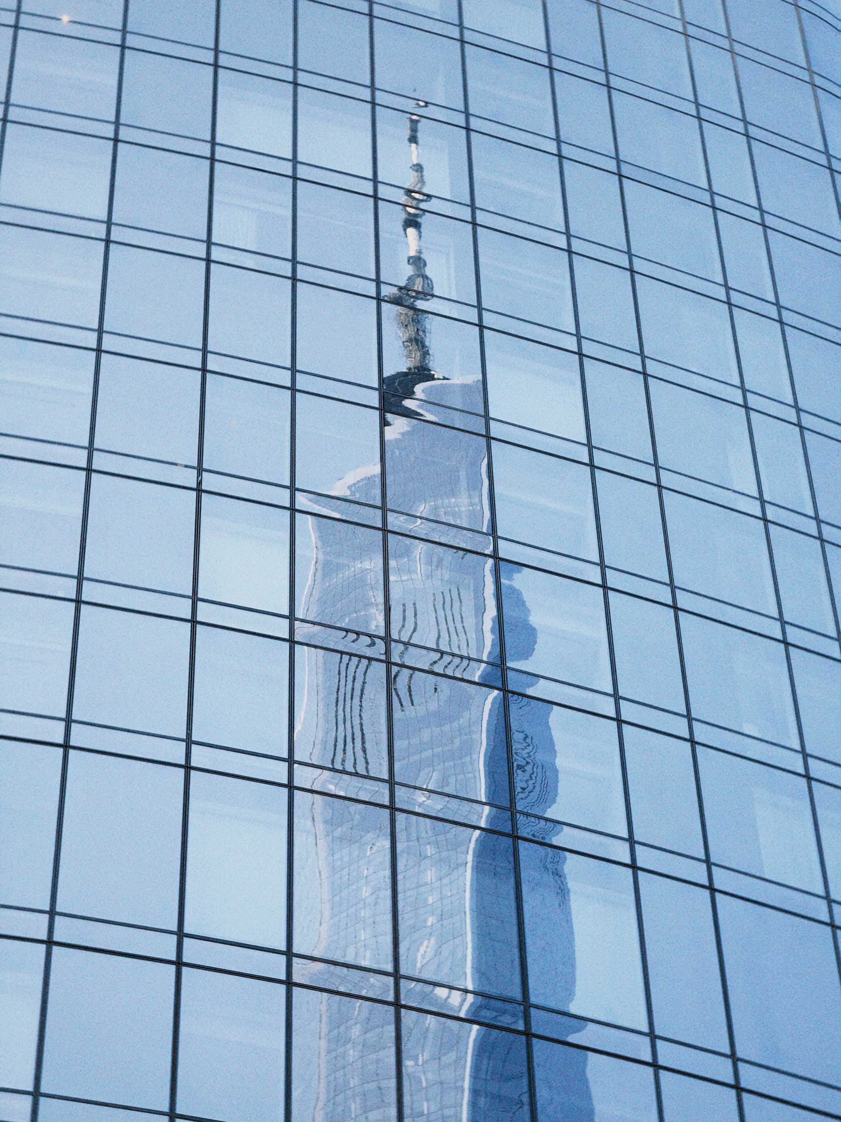 One World Trade Center reflected in curved glass windows, showcasing modern architecture.