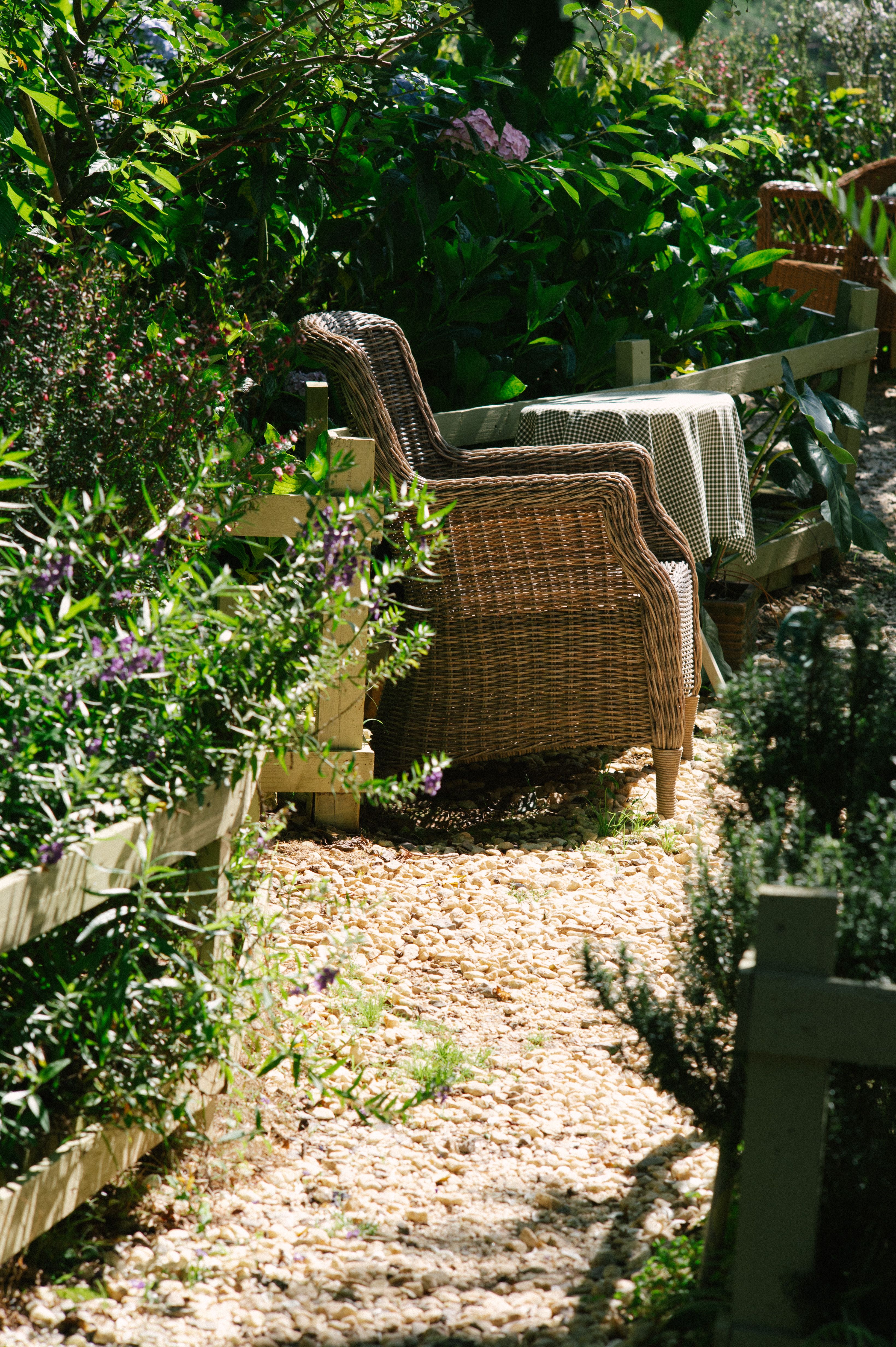 A serene outdoor garden path with a wicker chair, surrounded by lush greenery.