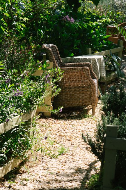 Photo by Dương Nhân on Pexels A serene outdoor garden path with a wicker chair, surrounded by lush greenery.