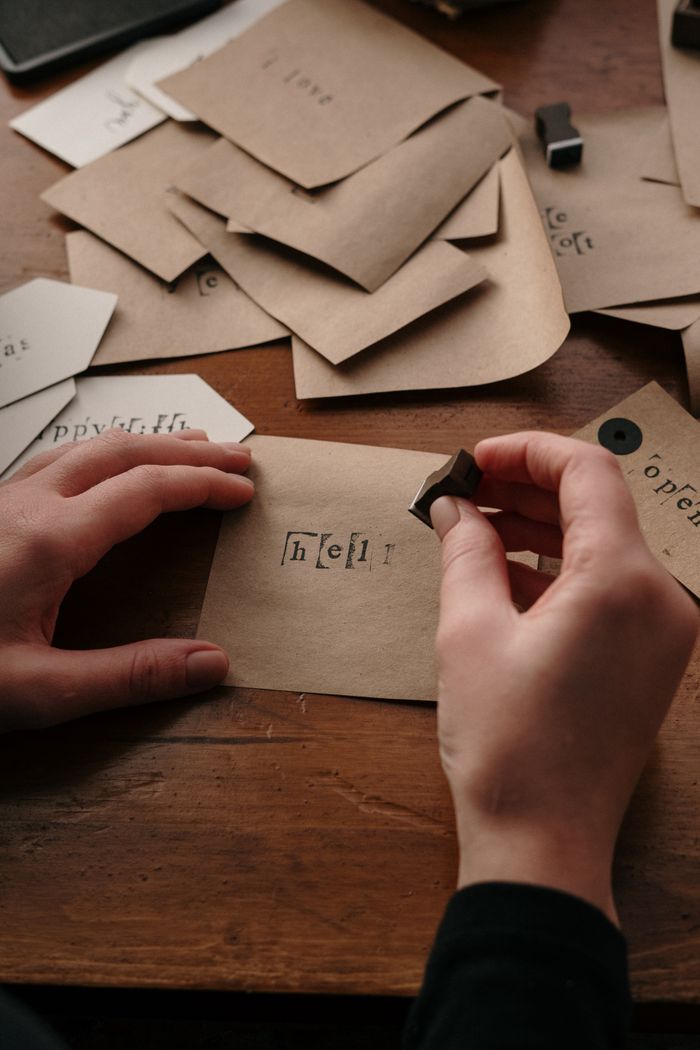 Hands hand-stamping kraft cards on a wooden desk — photo by cottonbro studio on Pexels