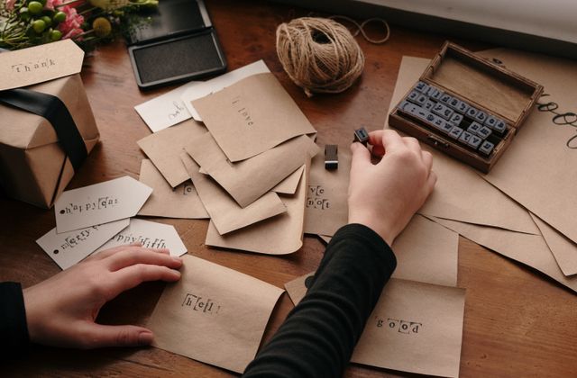 Someone stamping handwritten letters and envelopes ready to post