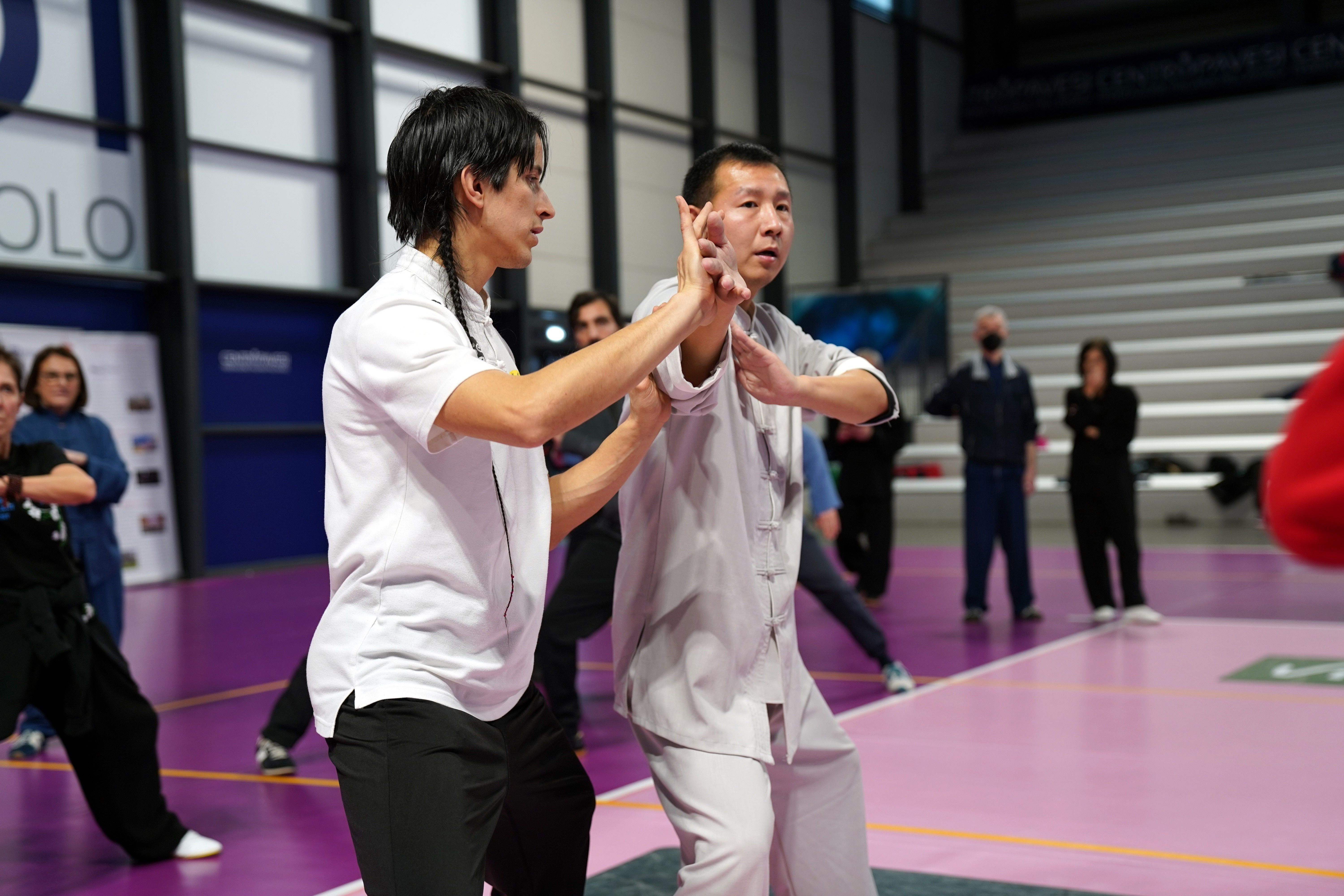 Two men practicing martial arts techniques indoors with observers.