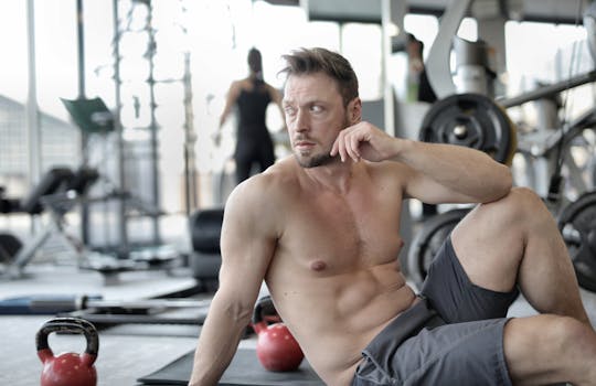 一个肌肉发达的男人在现代健身房经过激烈锻炼后休息