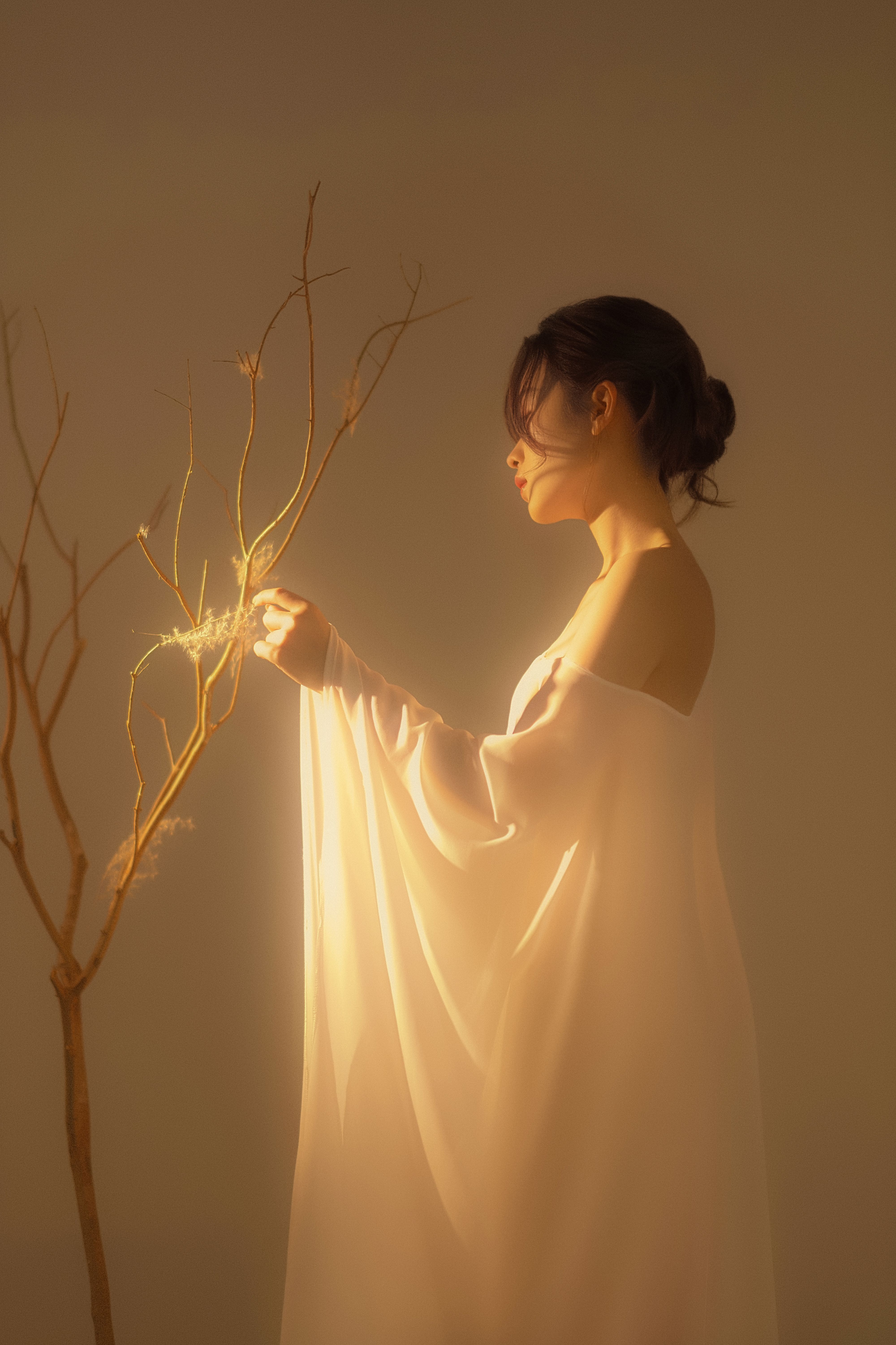 A serene portrait of a woman in ethereal lighting holding a delicate branch.