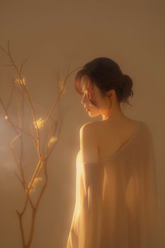 Elegant portrait of a woman in soft light with a serene expression and ethereal atmosphere.