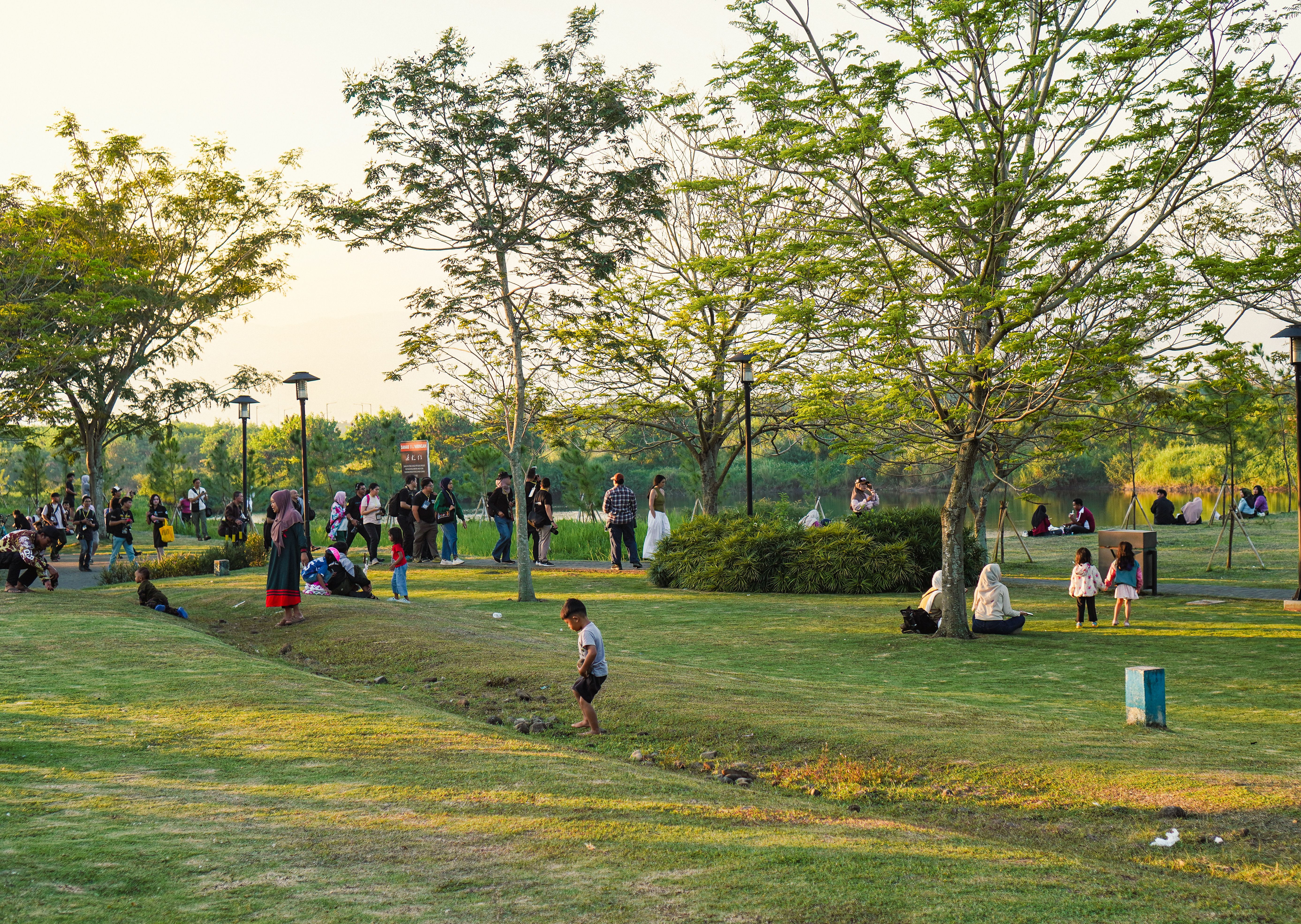 Families relaxing together on a sunny day in a lush green community park