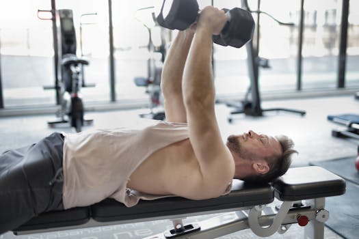Active man engaged in strength training with dumbbells in a modern gym setting.