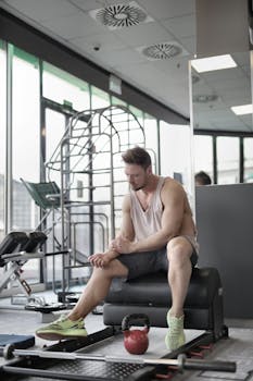 在现代健身中心锻炼后，一位肌肉发达、面带疲惫的年轻男运动员坐在长凳上休息，身旁放着壶铃和杠铃，目光正注视着自己的手臂