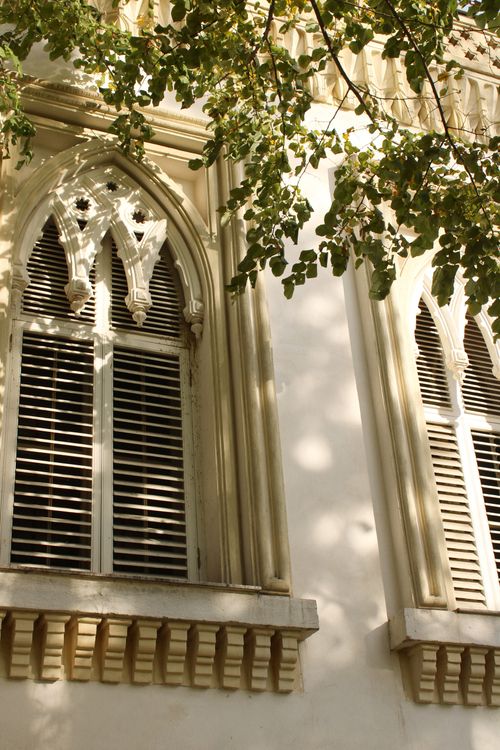 Free Exterior of a Gothic building with ornate windows and dappled sunlight through leaves. Stock Photo