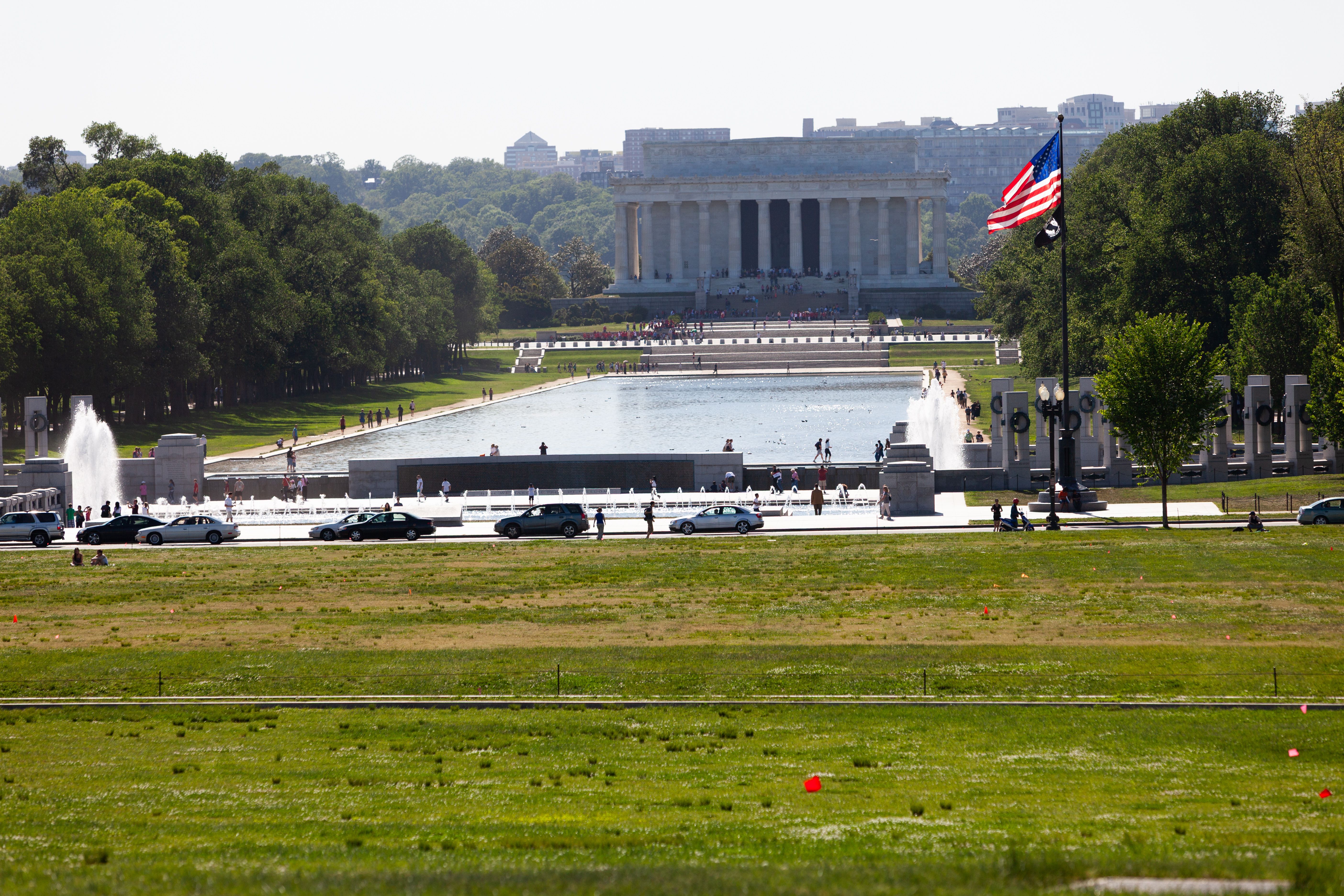 Classic view of the Lincoln Memorial with the Reflecting Pool and National World War II Memorial in Washington, D.C.