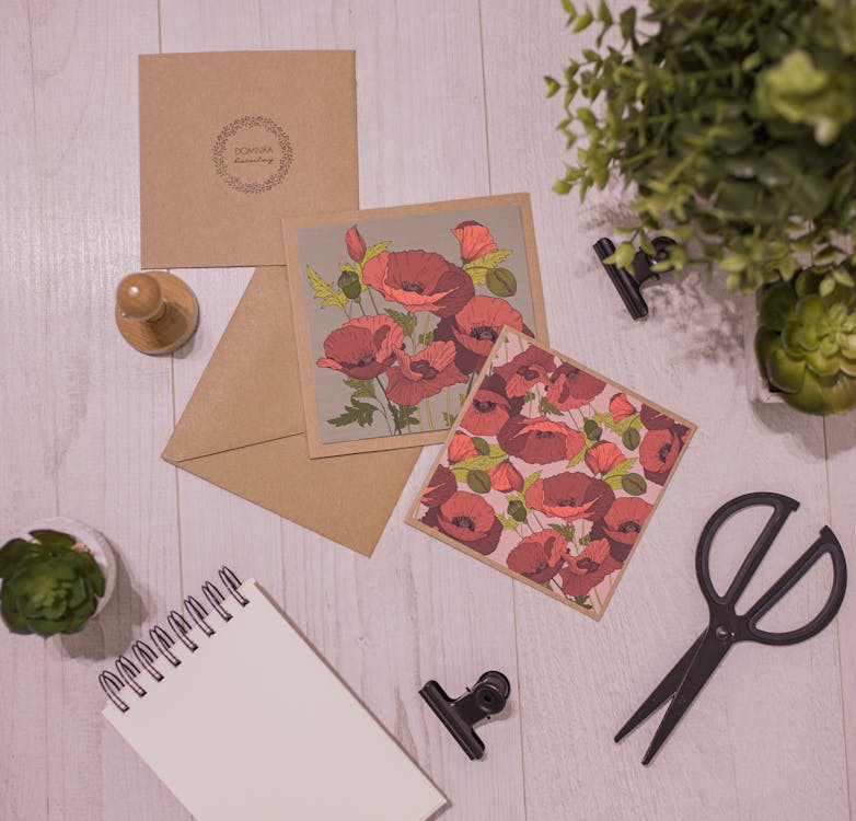 Free Layout of fresh succulents and creative handmade postcards with flowers pictures on white wooden table composed with scissors and notepad Stock Photo
