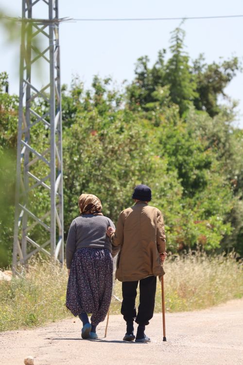 Free Elderly couple walking hand in hand along a rural path, surrounded by nature. Stock Photo