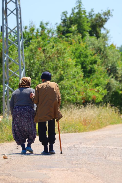 Free An elderly couple walks down a sunny road, offering support and companionship. Stock Photo