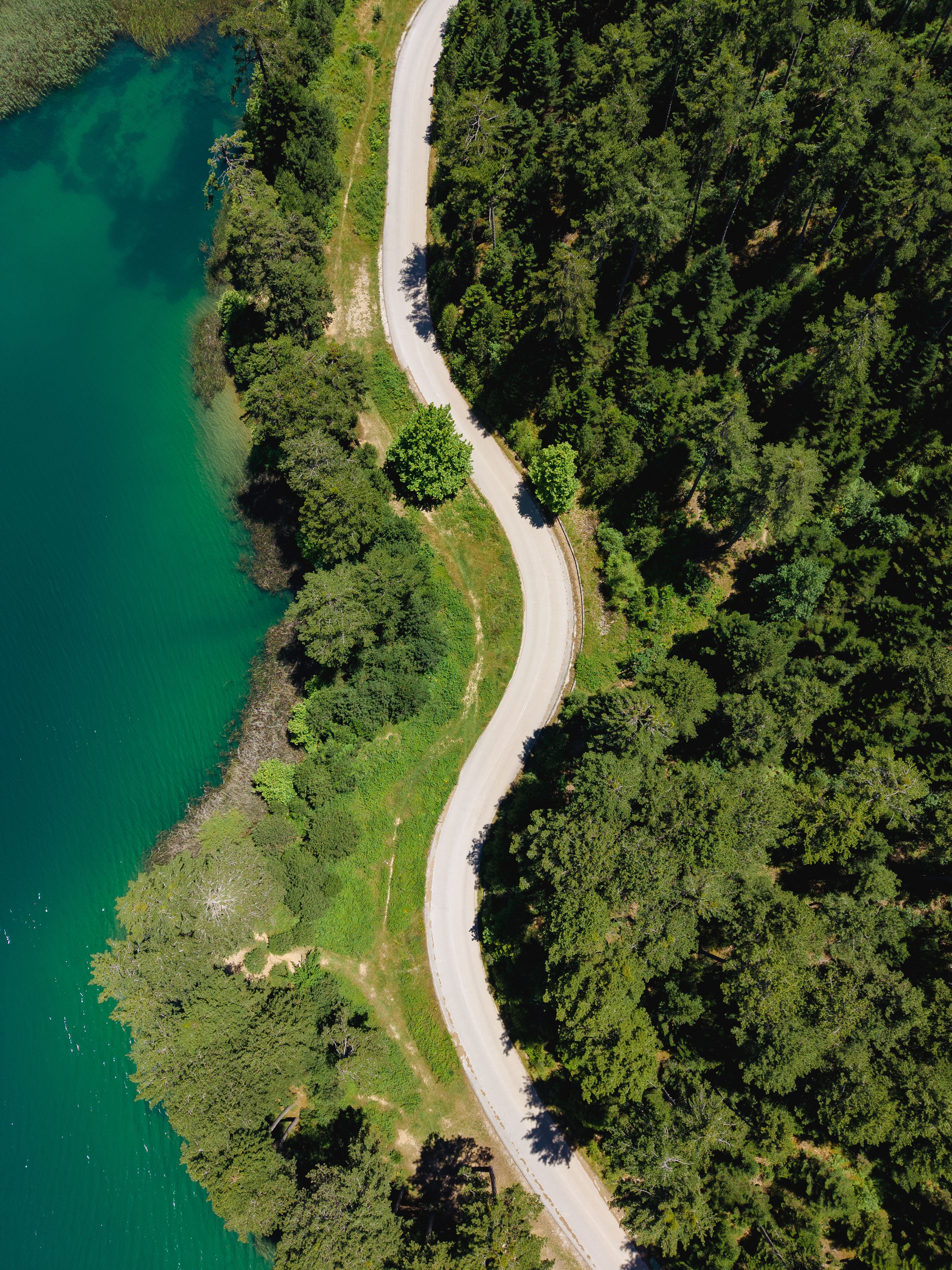 Stunning aerial shot of a winding road by a lush forest and turquoise lake in Greece.