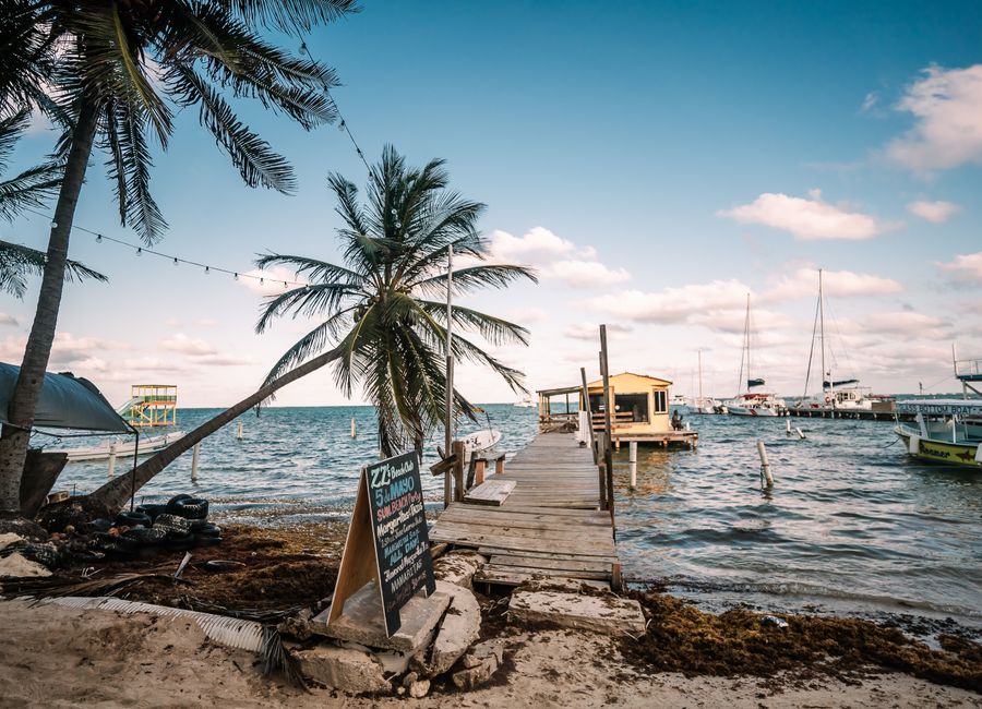 A serene tropical beach scene featuring a wooden dock, palm trees, and moored boats under a blue sky.
