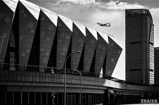 Black and white photo of modern architecture with airplane flying above.