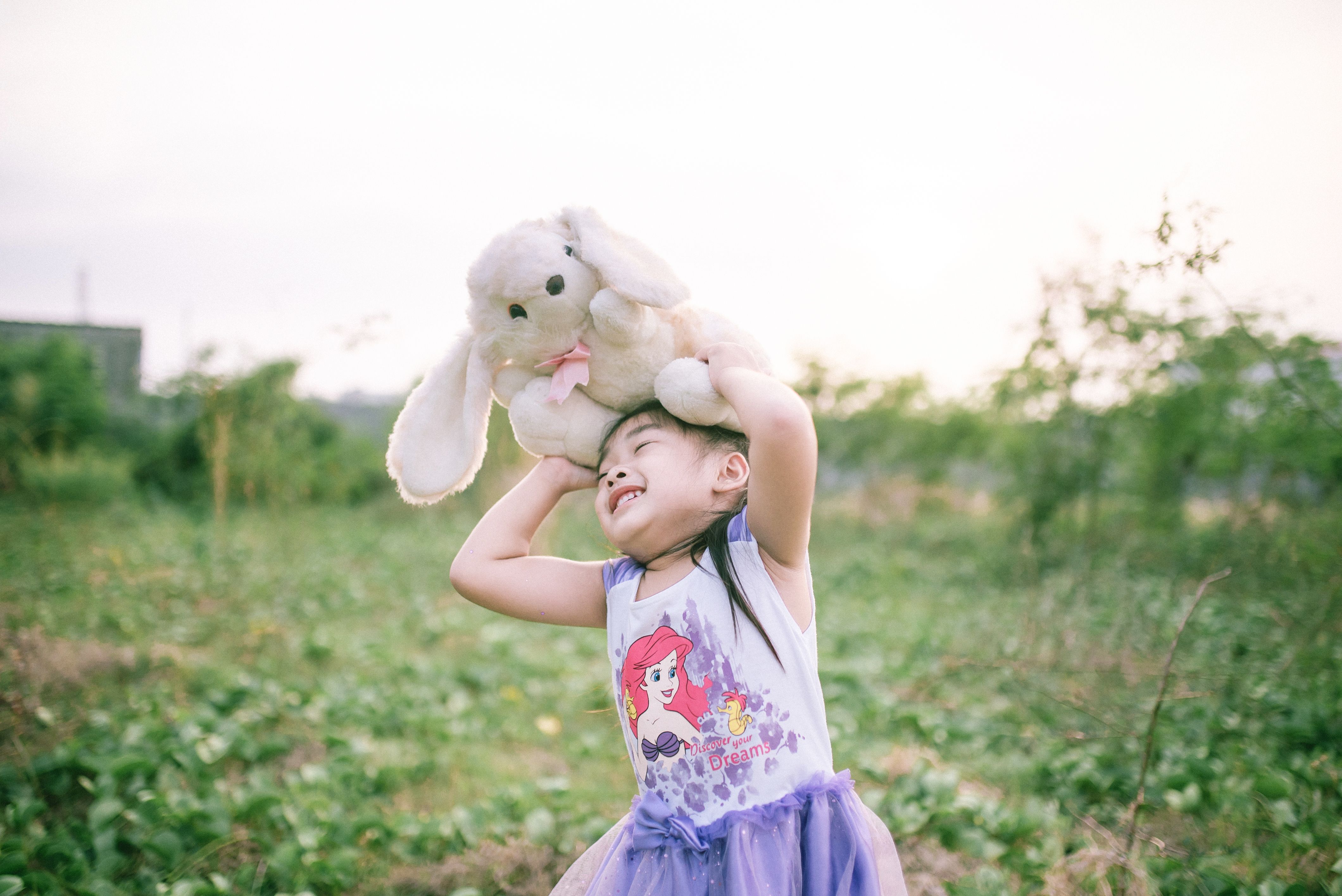 A young girl joyfully holds a stuffed rabbit above her head in a sunny outdoor field.