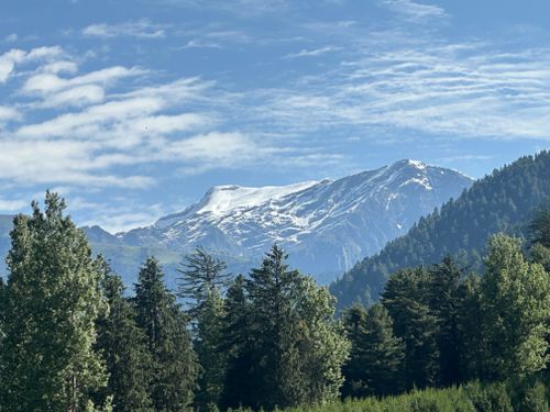 Free Breathtaking view of snow-capped mountains and lush pine trees in Pahalgam, Kashmir. Stock Photo