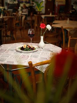 A delightful table setting in a Mexican restaurant featuring gourmet cuisine and wine.
