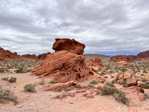Free Stunning view of unique red rock formations under cloudy sky in desert setting. Stock Photo
