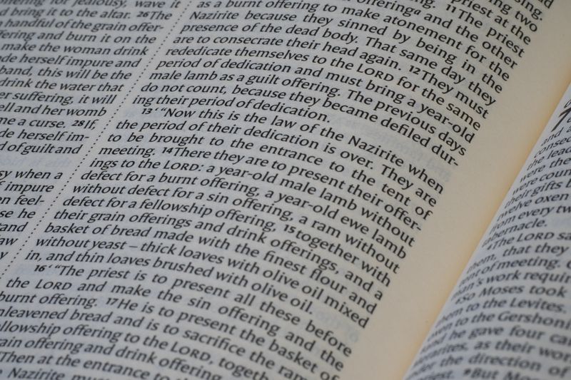 Detailed view of text from a religious book, emphasizing scripture study.