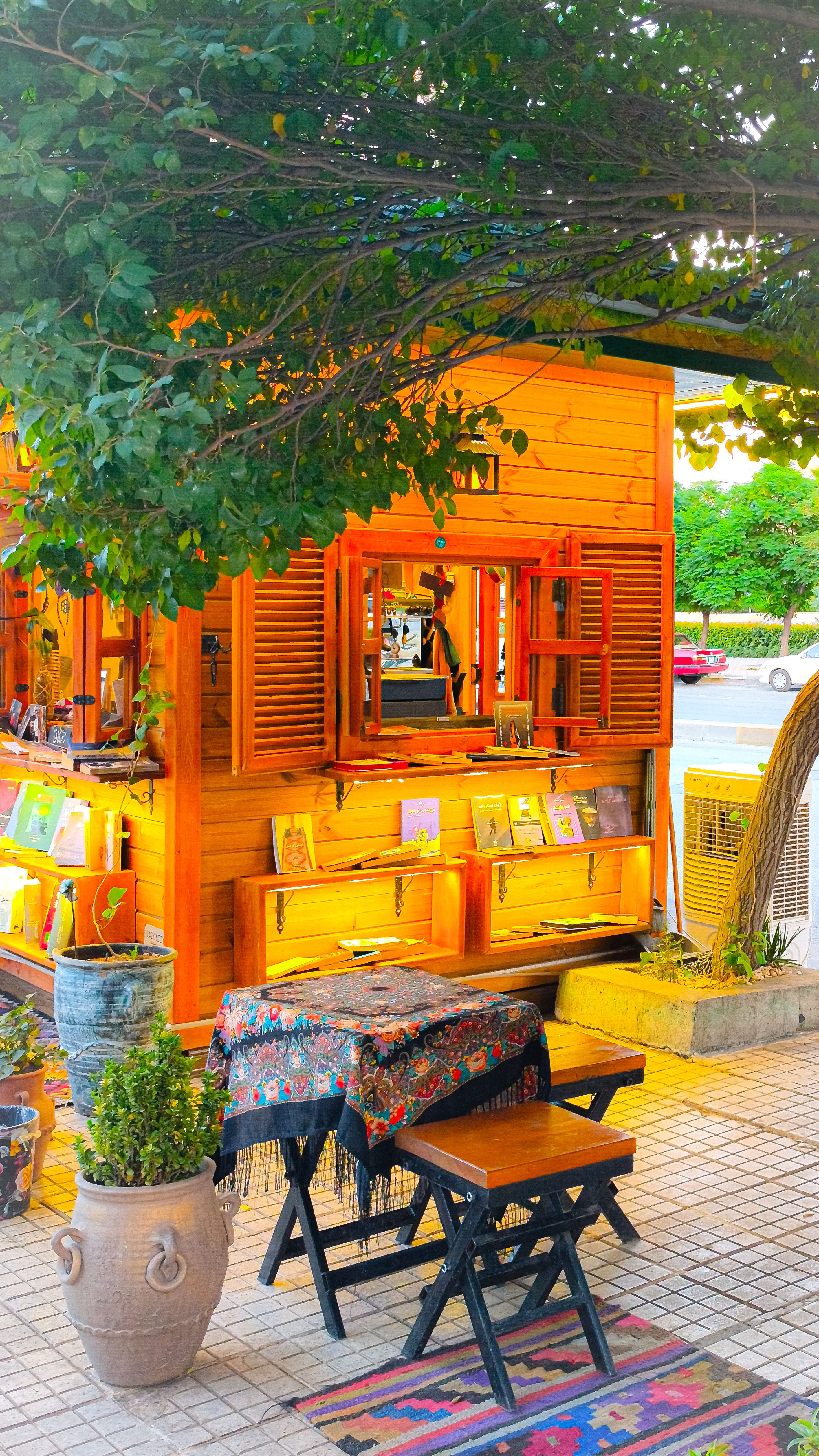 Charming outdoor bookstore with wooden decor and leafy surroundings.