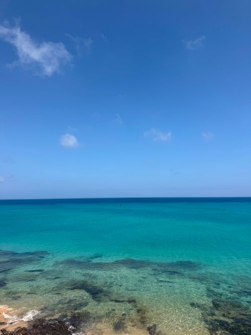 Free A breathtaking view of the turquoise ocean meeting the clear blue sky on a sunny day. Stock Photo