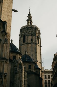 View of the Micalet Tower, an iconic Gothic landmark in Valencia, Spain.