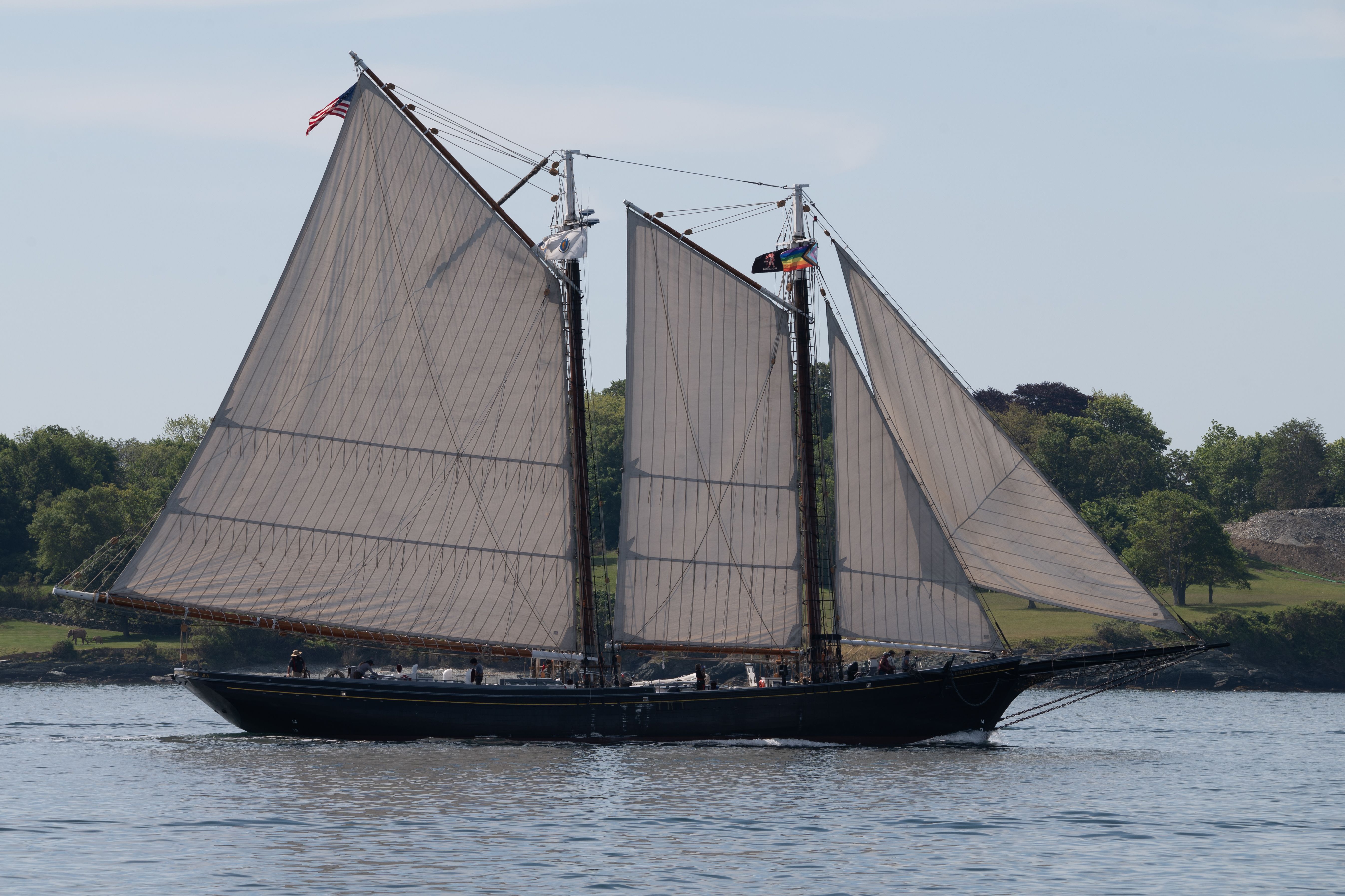 Classic schooner sailing near Newport, showcasing nautical beauty with full sails.