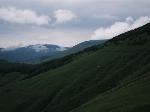 Free Lush green hills and distant mountains under a cloudy sky in Shanxi, China. Stock Photo