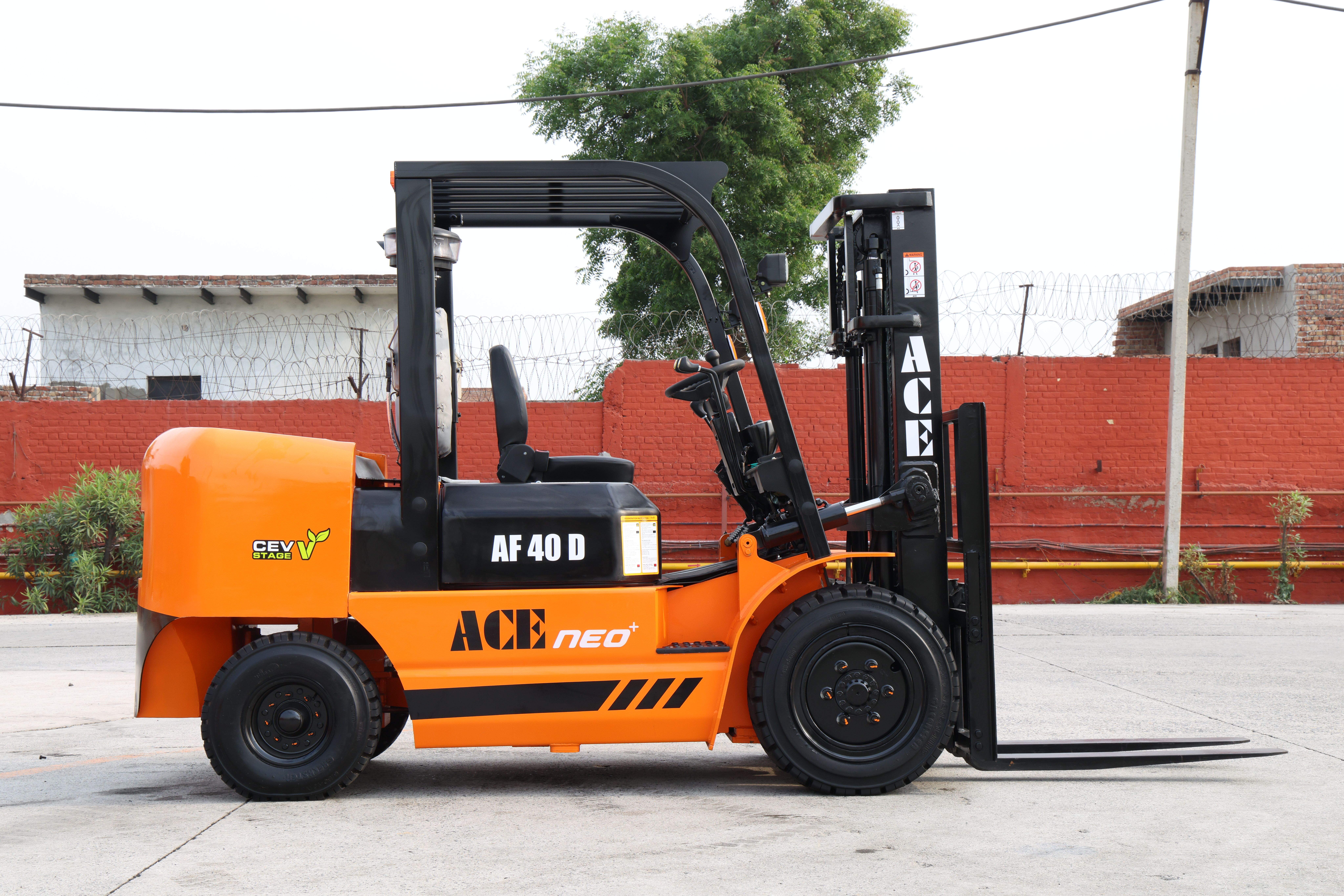 Side view of an ACE AF 40 D diesel forklift parked outdoors in India.