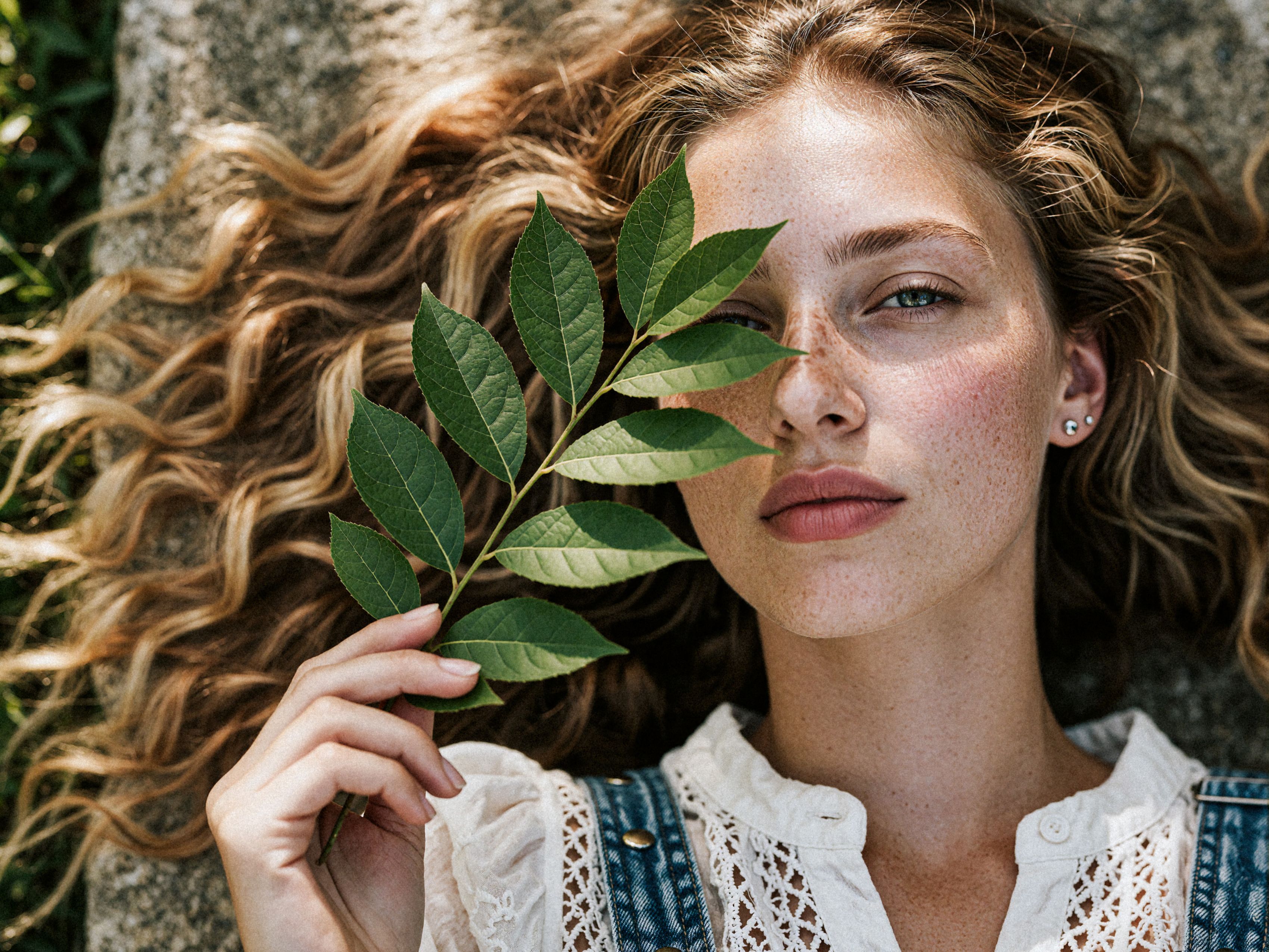 A serene portrait of a young woman outdoors, partially covered by a green leaf.