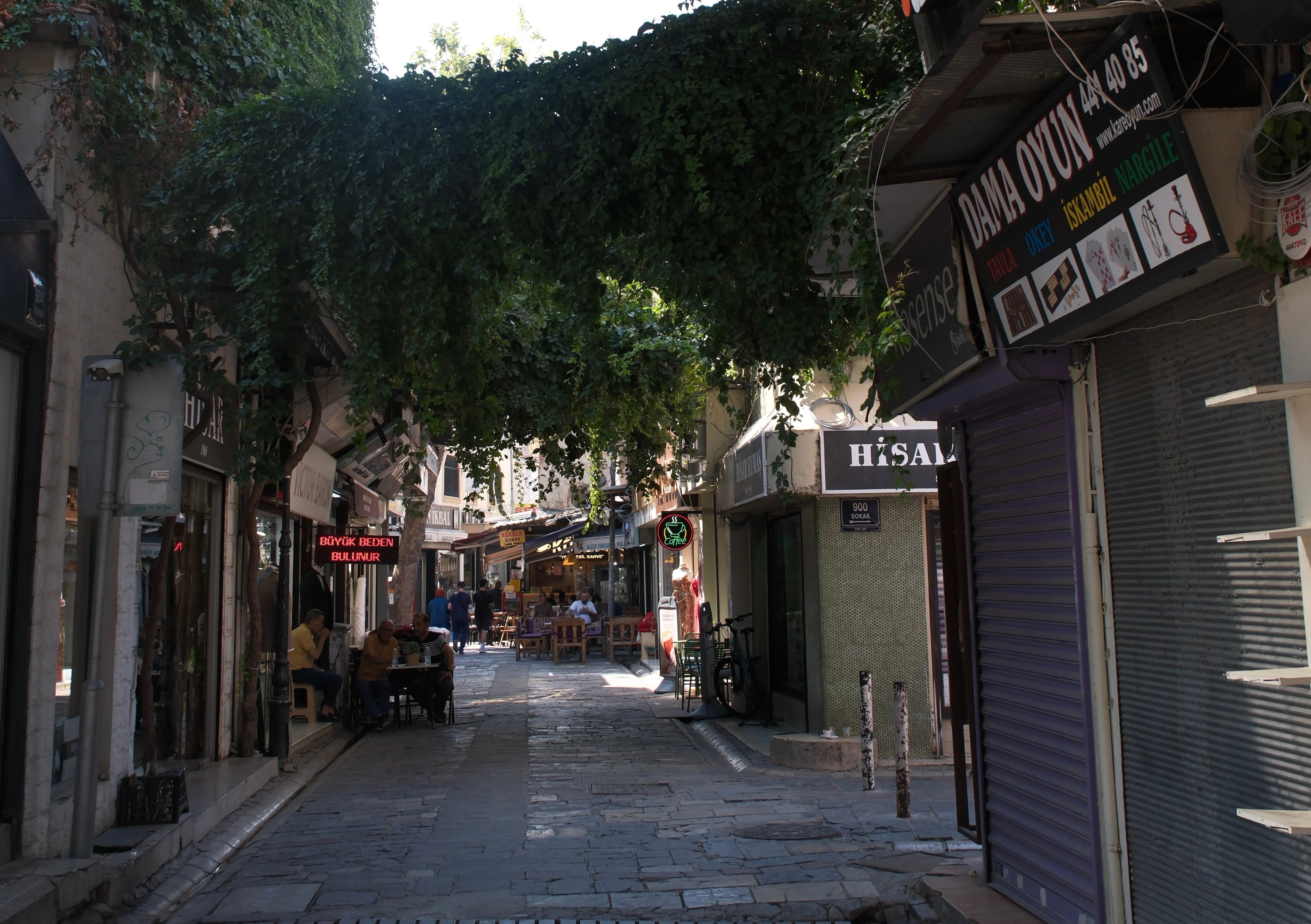 Narrow Main Bazaar lane in Paharganj lined with budget hotel signs and cycle rickshaws