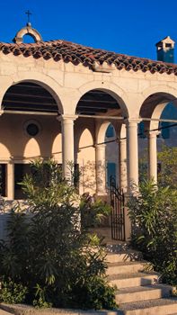 Scenic view of historic Mediterranean architecture with arches in Poreč, Croatia.