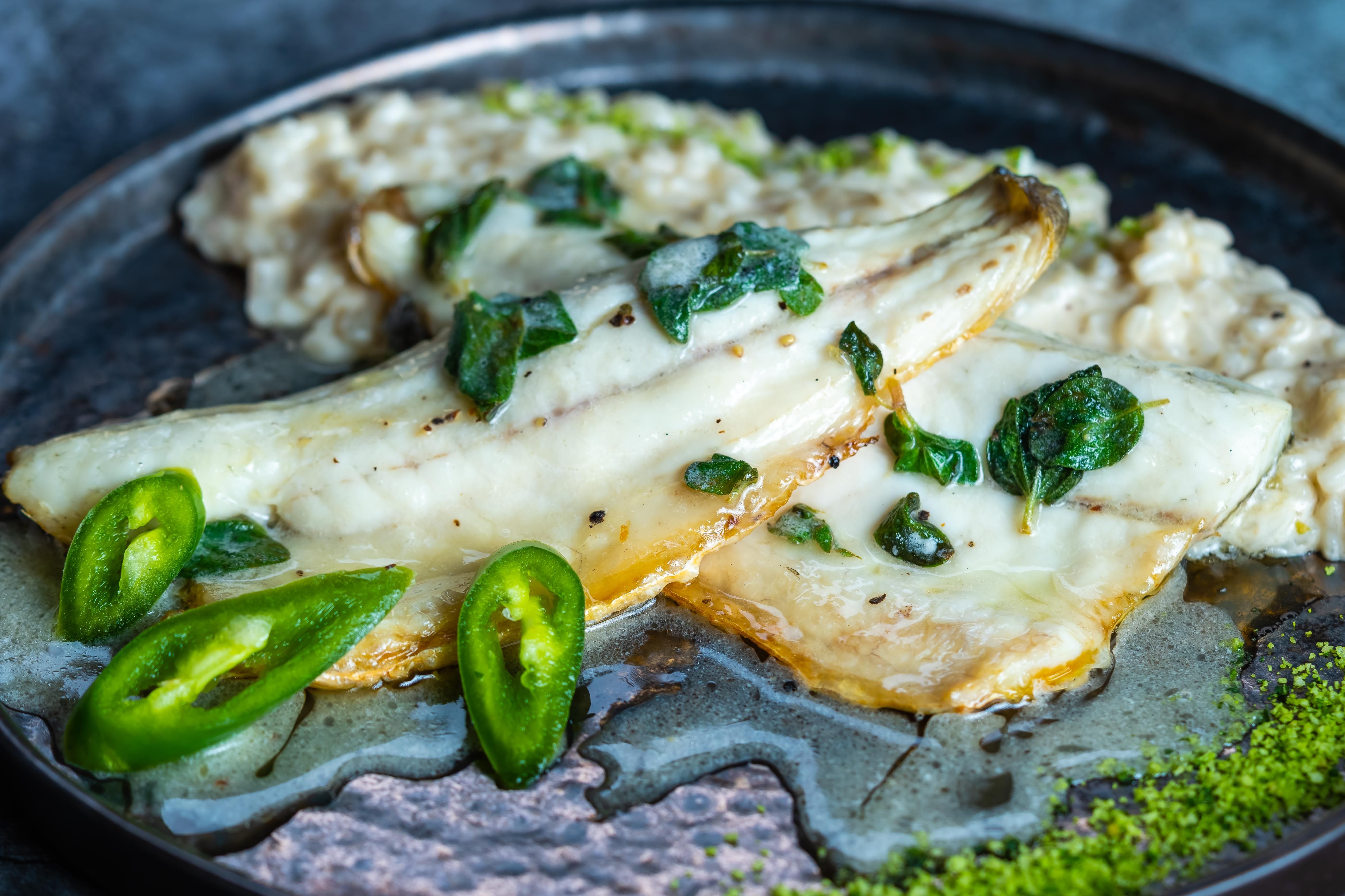 Pan-seared redfish with charred corn and microgreens