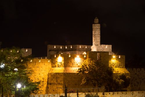 Free Illuminated Tower of David at night in the Old City of Jerusalem. Stock Photo