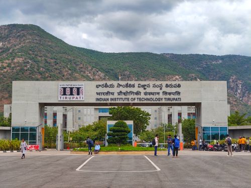 The main entrance of the Indian Institute of Technology Tirupati, Andhra Pradesh, with hills behind it