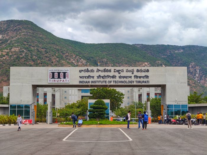 The main entrance of the Indian Institute of Technology Tirupati, Andhra Pradesh, with hills behind it