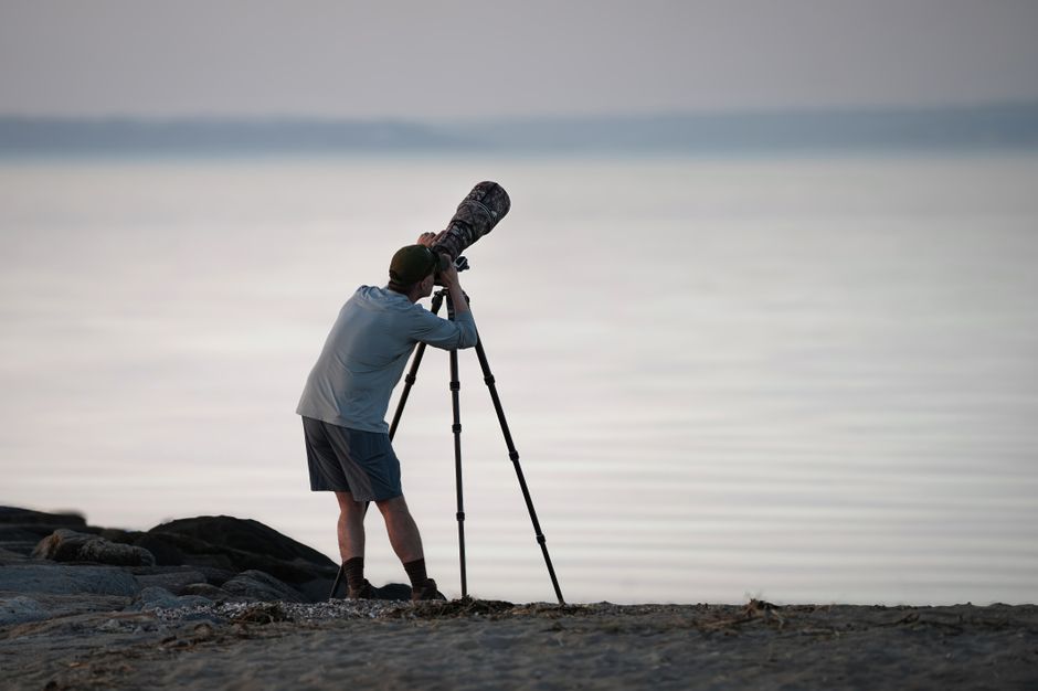 A photographer using a telephoto lens, capturing nature scenes at the shoreline during daytime.