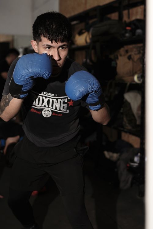 Free Focused young boxer in gym practicing indoors with boxing gloves. Intense training session. Stock Photo
