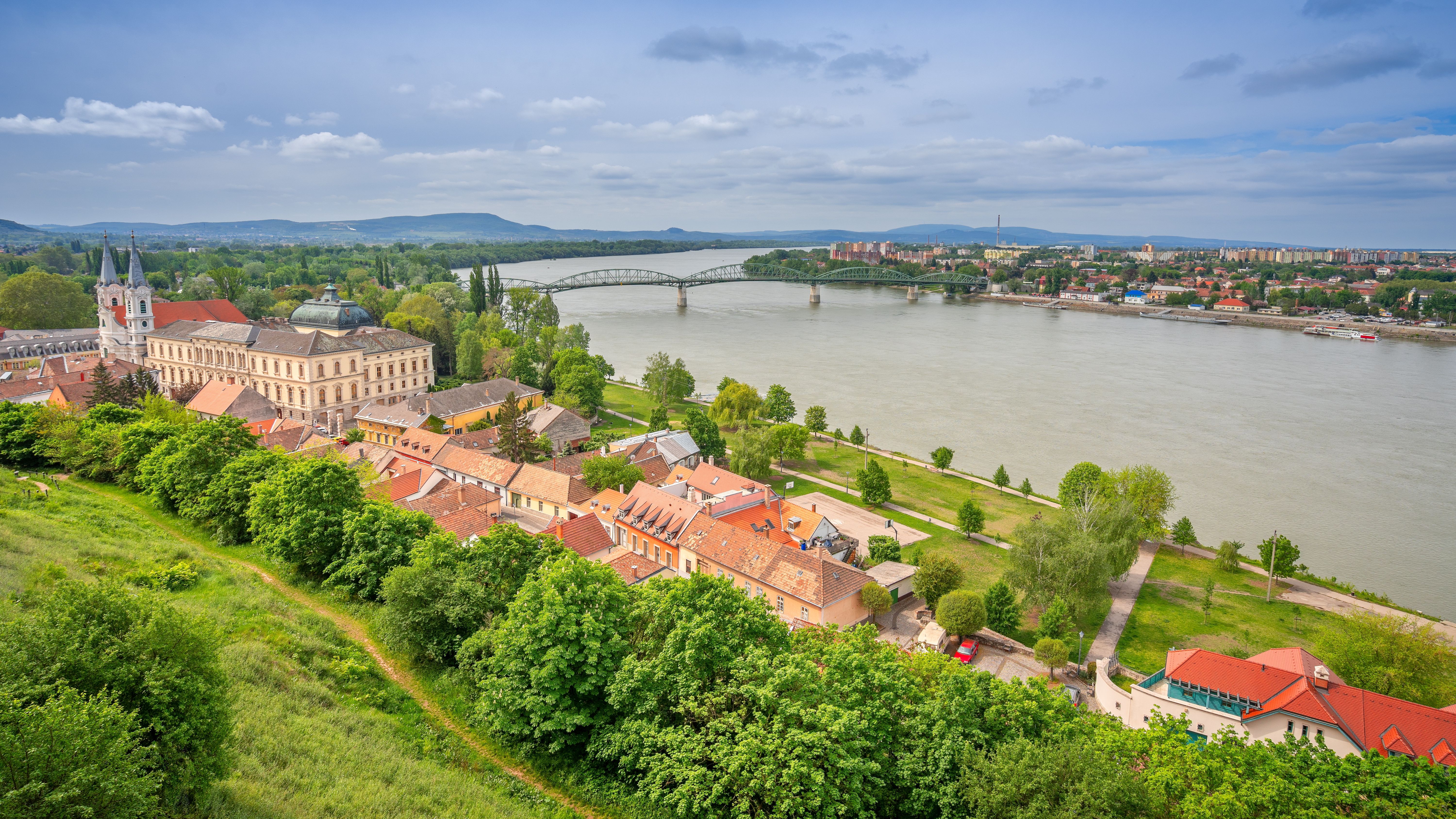 Stunning aerial view of Esztergom with its historic buildings by the Danube River in Hungary.