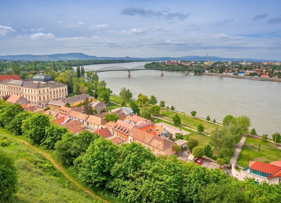 Stunning aerial view of Esztergom with its historic buildings by the Danube River in Hungary.