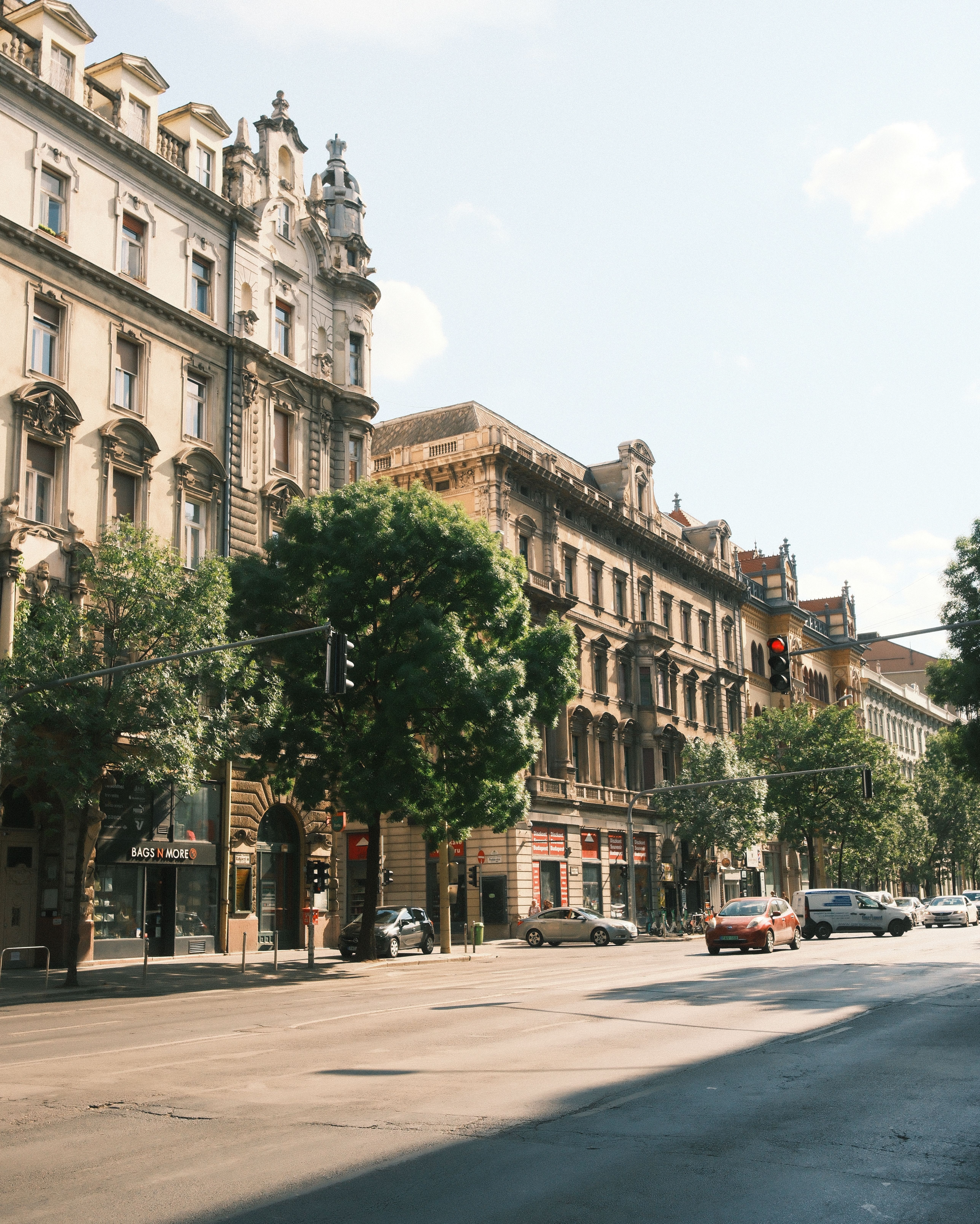 Charming architectural street view of Budapest, Hungary on a sunny day.