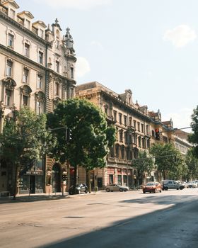 Charming architectural street view of Budapest, Hungary on a sunny day.