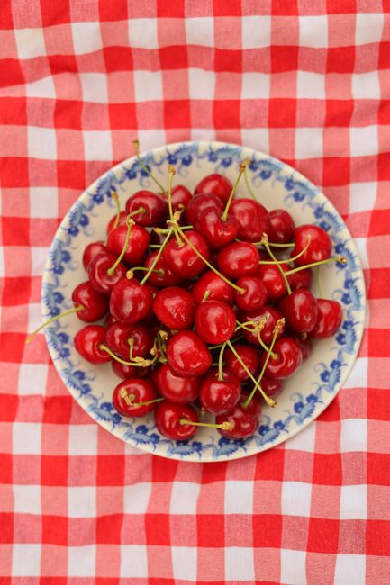 Vibrant red cherries presented in a blue ornamental bowl on a gingham tablecloth.