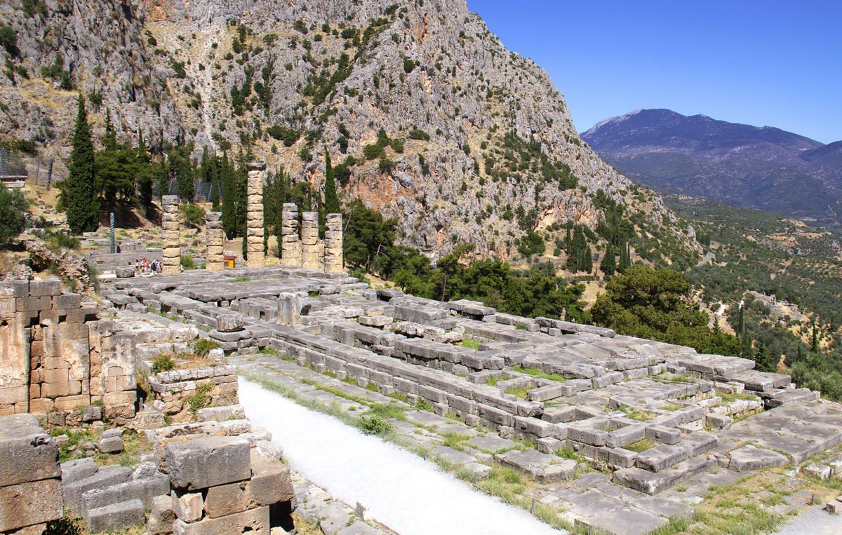 Standing columns of the Temple of Apollo at Delphi on the rocky slopes of Mount Parnassus
